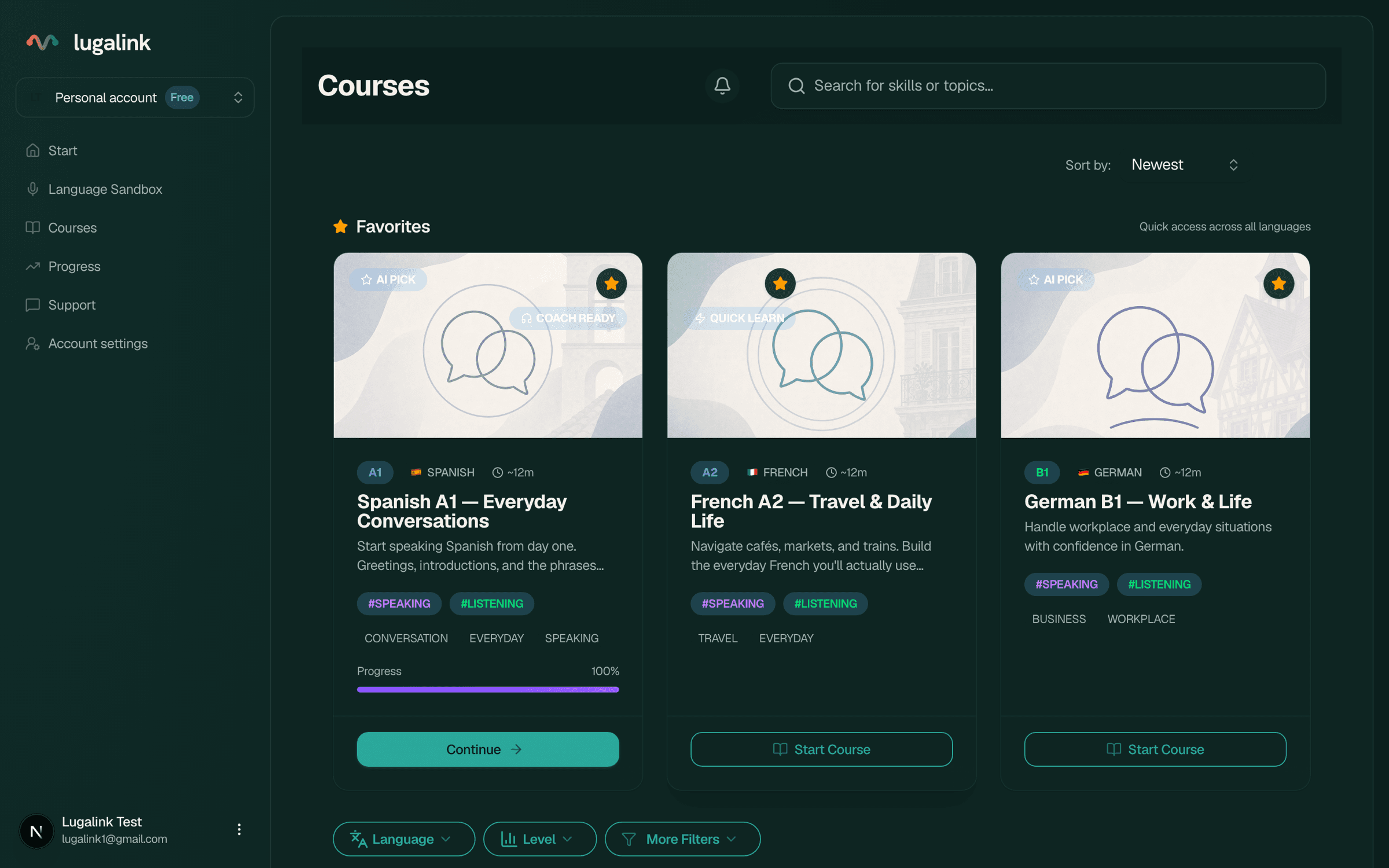 Lugalink course catalog showing interactive language courses