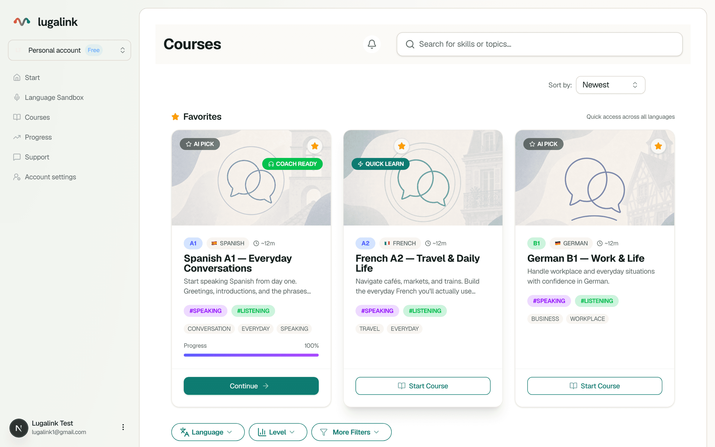 Lugalink course catalog showing interactive language courses
