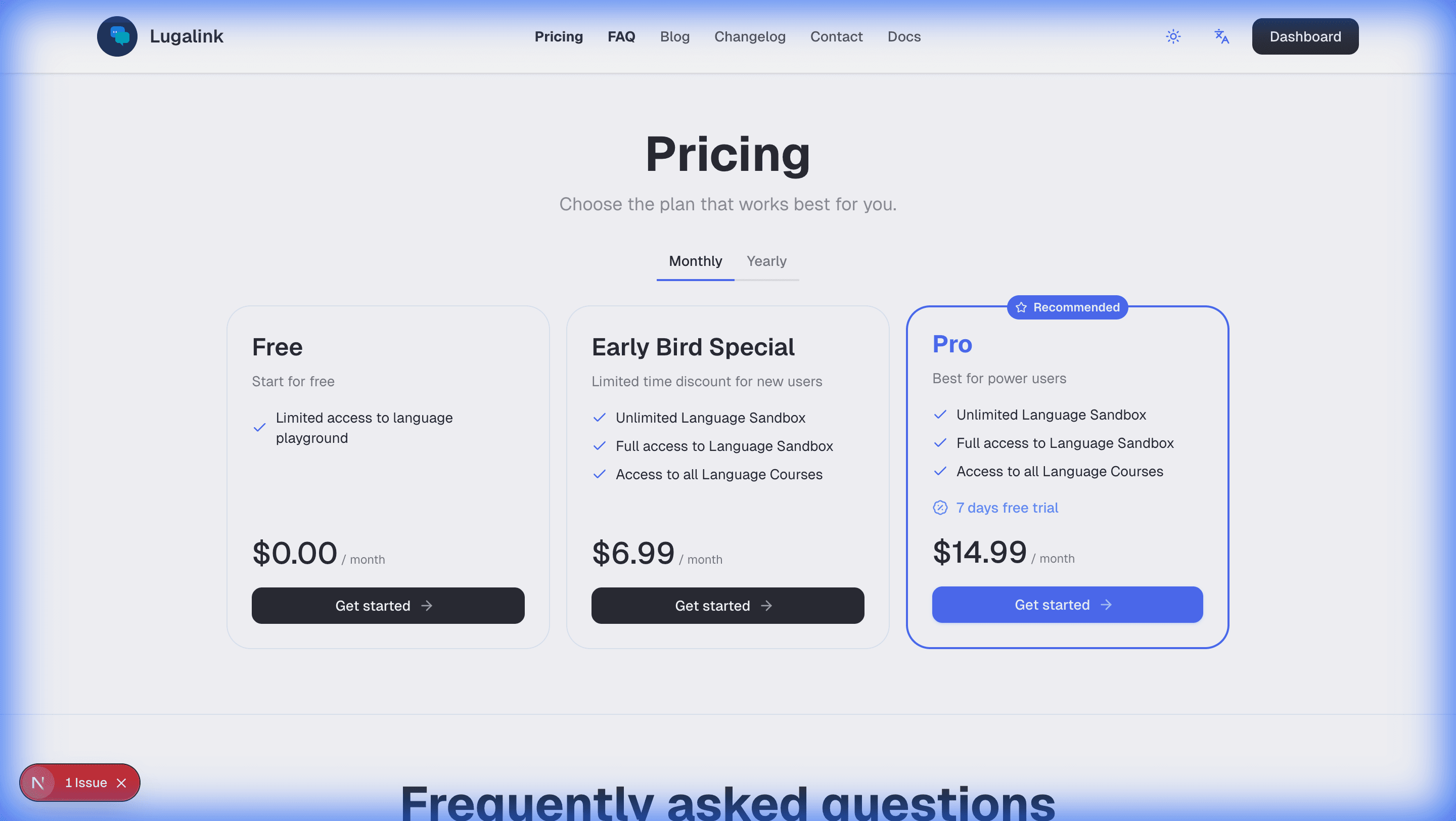 Lugalink pricing section on homepage
