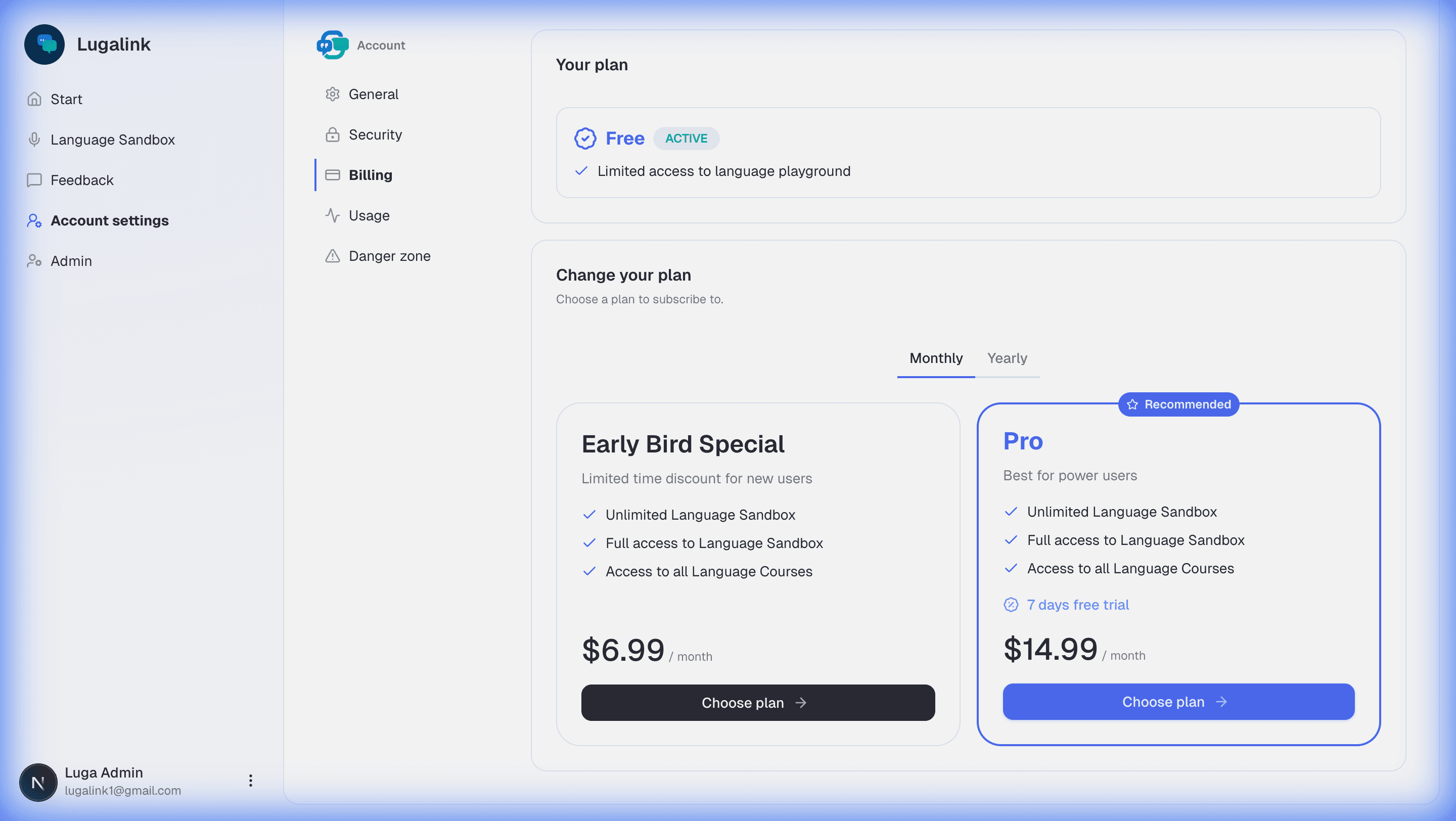 Billing settings showing upgrade options